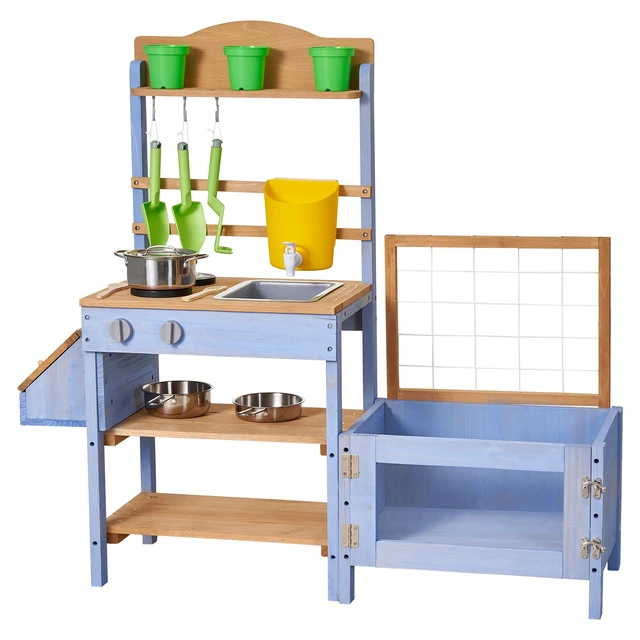 Alt view image 9 of 9 - Mud Kitchen, Outdoor Mud Kitchen for Kids, Wood Outdoor Play Kitchens with Planting Box, Critter Catcher Container, Tank, Sink, Cookware Pots and Accessories, Wooden Play Kitchens for Lawn, Yard