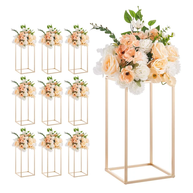 Alt view image 9 of 9 - Wedding Flower Stand, 10PCS 15.75-inch Column Flower Stand, Floral Stands with Acrylic Laminate, Gold Rectangular Floral Display Rack for Wedding, Party, Birthday, Home, Gold Centerpiece Stands
