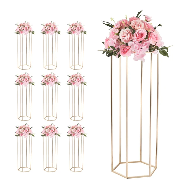 Alt view image 9 of 9 - Wedding Flower Stand, 10PCS 31.5-inch Column Flower Stand, Floral Stands with Acrylic Laminate, Hexagonal Cubic Floral Display Rack for Wedding, Party, Birthday, Home, Gold Centerpiece Stands