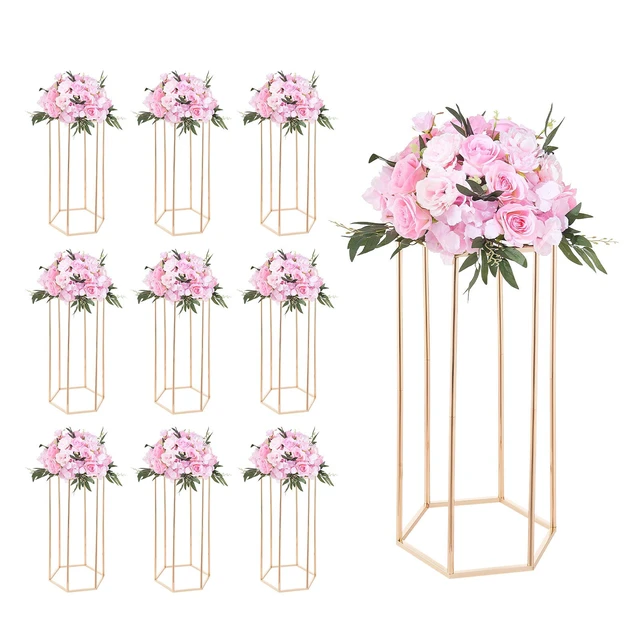 Alt view image 9 of 9 - Wedding Flower Stand, 10PCS 23.62-inch Column Flower Stand, Floral Stands with Acrylic Laminate, Hexagonal Cubic Floral Display Rack for Wedding, Party, Birthday, Home, Gold Centerpiece Stands