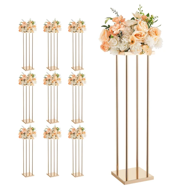 Alt view image 9 of 9 - Wedding Flower Stand, 10PCS 31.5-inch Column Flower Stand, Floral Stands with Metal Laminate, Cylindrical Cubic Floral Display Rack for Wedding, Party, Birthday, Home, Gold Centerpiece Stands