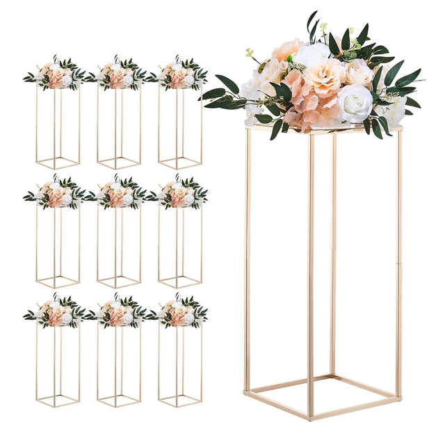 Alt view image 9 of 9 - Wedding Flower Stand, 10PCS 23.62-inch Column Flower Stand, Floral Stands with Acrylic Laminate, Gold Rectangular Floral Display Rack for Wedding, Party, Birthday, Home, Gold Centerpiece Stands