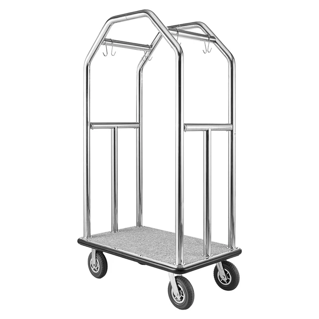 Alt view image 8 of 8 - VEVOR Hotel Luggage Cart, 1500 lbs Heavy Duty Bellman Cart with Stainless Steel Frame, 8 in Rubber Wheels, Gray Carpeted Deck, Commercial Luggage Carrier Rolling Trolley for Hotels,Resorts,Silver