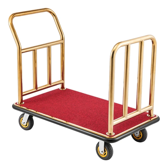 Alt view image 8 of 8 - VEVOR Hotel Luggage Cart, 750 lbs Heavy Duty Bellman Cart with Stainless Steel Frame, 6 in Rubber Wheels, Red Carpeted Deck, Commercial Luggage Carrier Rolling Trolley for Hotels, Resorts, Gold