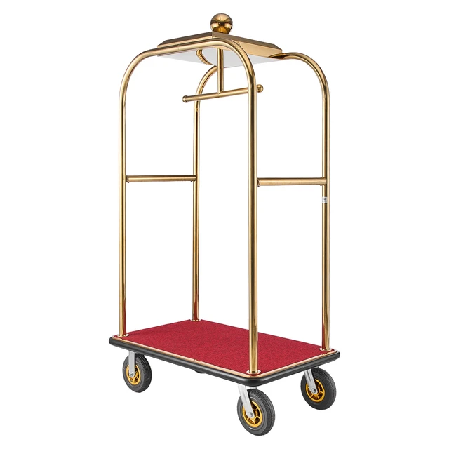 Alt view image 8 of 8 - VEVOR Hotel Luggage Cart, 1200 lbs Heavy Duty Bellman Cart with Stainless Steel Frame, 8 in Rubber Wheels, Red Carpeted Deck, Commercial Luggage Carrier Rolling Trolley for Hotels, Resorts, Gold