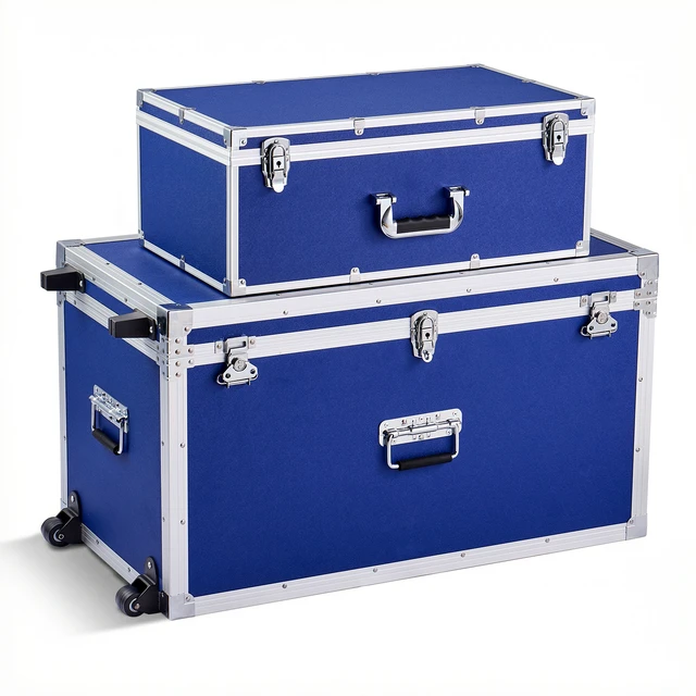Alt view image 15 of 15 - VEVOR Metal Storage Trunk, Set of 2, Wooden Suitcase Storage Boxes with Padlocks, Large Trunk Includes Casters & 3 Metal Handles, Decorative Store Chest with Lids for Travel, Apartment, Dorm, Blue