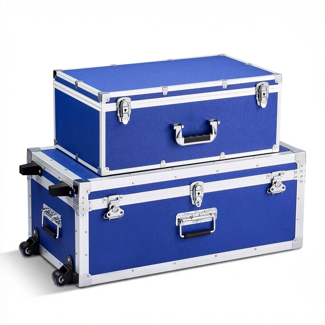 Alt view image 15 of 15 - VEVOR Metal Storage Trunk, Set of 2, Wooden Suitcase Storage Boxes with Padlocks, Large Trunk Includes Casters and 3 Metal Handles, Decorative Store Chest with Lids for Travel, Apartment, Dorm, Blue