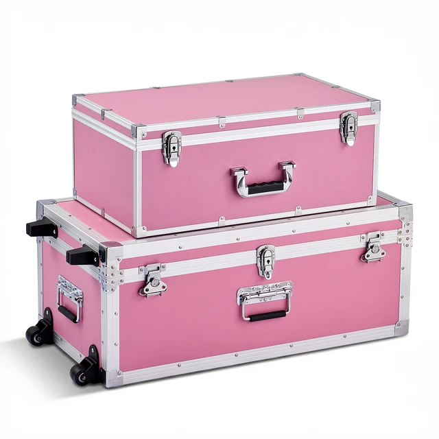 Alt view image 8 of 8 - VEVOR Metal Storage Trunk, Set of 2, Wooden Suitcase Storage Boxes with Padlocks, Large Trunk Includes Casters and 3 Metal Handles, Decorative Store Chest with Lids for Travel, Apartment, Dorm, Pink