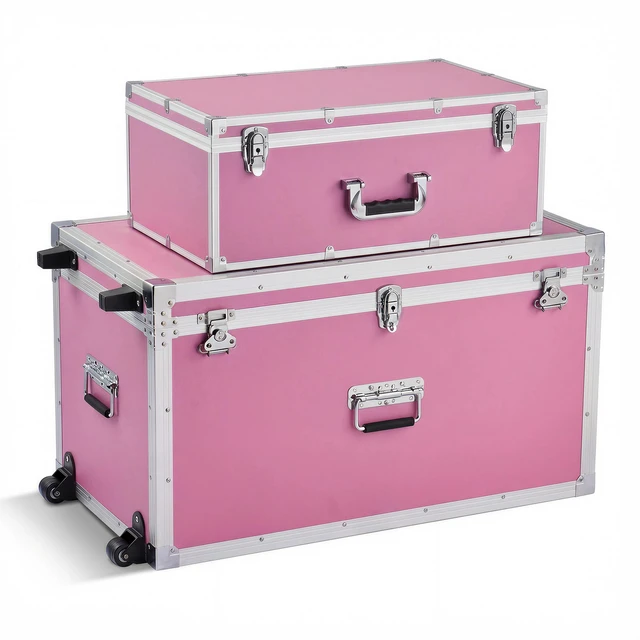 Alt view image 15 of 15 - VEVOR Metal Storage Trunk, Set of 2, Wooden Suitcase Storage Boxes with Padlocks, Large Trunk Includes Casters & 3 Metal Handles, Decorative Store Chest with Lids for Travel, Apartment, Dorm, Pink