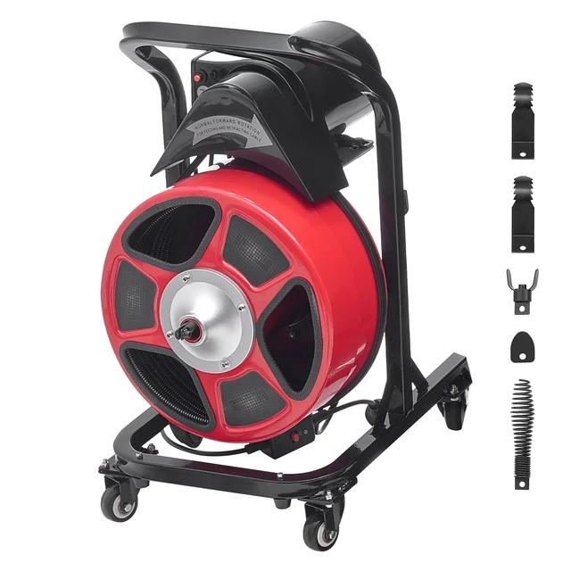 Alt view image 15 of 15 - Drain Cleaner Machine 50FT x 1/2 Inch, Manual Feed Sewer Snake Auger - with Wheels, 4 Cutters & Air-activated Foot Switch for 2" to 4" Pipes