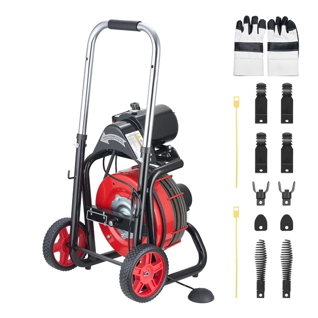 Alt view image 15 of 15 - Drain Cleaner Machine 100FT x 1/2 Inch, Auto Feed Sewer Snake Auger on Wheels, 550W Portable Drain Cleaning Machine with 8 Cutters & Air-activated Foot Switch for 2" to 4" Pipes