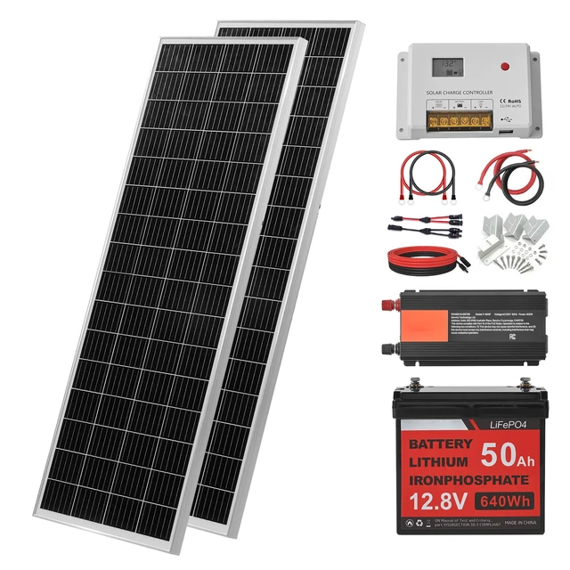 Alt view image 8 of 8 - VVEVOR 200W 12V Complete Solar Power Kit, 2PCS 100W Monocrystalline Solar Panels + 12.8V 50Ah LiFePO Battery + 40A Charge Controller + 800W Power Inverter, Ideal for RV Home Camping Boat Off-Grid