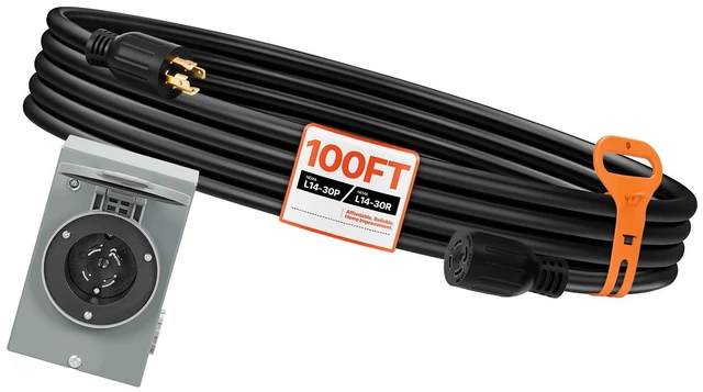 Alt view image 2 of 2 - VEVOR 30 Amp Generator Cord and Power Inlet Box, 100 FT, 125/250V NEMA L14-30P to L14-30R Heavy Duty Extension Power Cord, SJTW 10AWG 7500W, Pre-Drilled Inlet Box, for Generator to House, ETL Listed