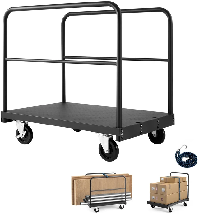 Alt view image 9 of 9 - VEVOR Drywall Cart Dolly, 1800 lbs Load Capacity, 2-in-1 Steel Panel Truck Cart with 5 inch Swivel Casters, 36 x 24 inch Platform Truck with 3 Side Handrails for Factory, Warehouse, Garage, Black