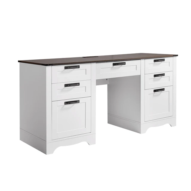 Alt view image 9 of 9 - Vevor Executive Desk, Farmhouse Office Table with Charging Station, Heavy Duty Particle Board Executive Table with Storage Drawers, 200 LBS Load Capacity, Easy Assembly, for Work Study Writing, Walnut