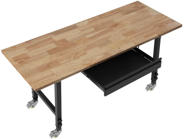 Alt view image 9 of 9 - Adjustable Workbench on Wheels, 2000 lbs Capacity, 60 x 24 Inch Oak Wood Top Workbench with Drawer & Power Outlets, Heavy-Duty Hardwood Worktable for Garage, Workshop, Home, Office, Commercial