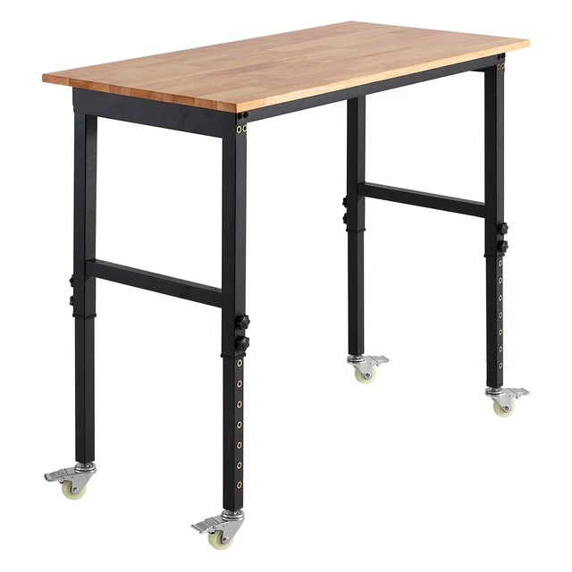 Alt view image 9 of 9 - Adjustable Workbench on Wheels, 1500 lbs Capacity, 48 x 24 Inch Oak Wood Top Workbench with 28.5-42.3 Inch Height Adjustment, Heavy-Duty Hardwood Worktable for Garage, Workshop, Home, Office