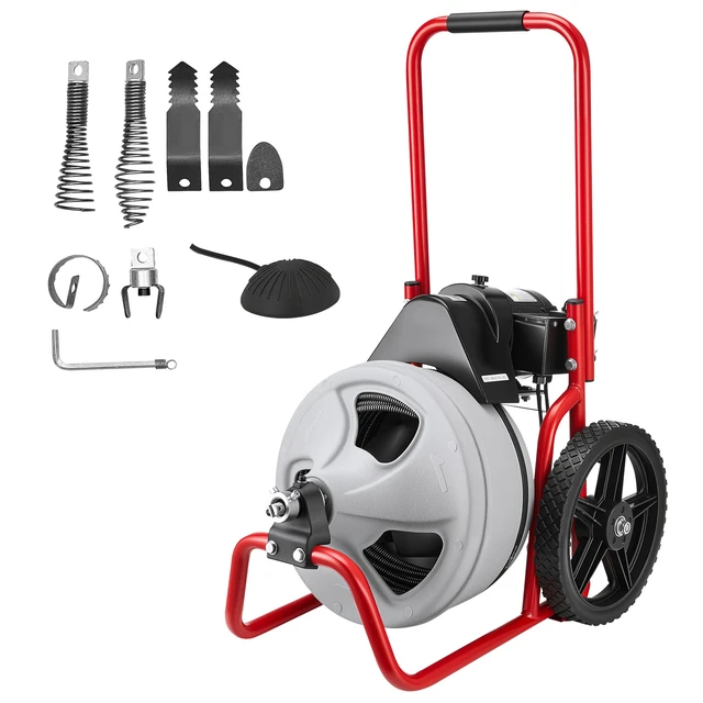 Alt view image 2 of 2 - Vevor Drain Cleaner Machine 75 FT x 3/8 Inch, Sewer Snake Auger Manual Feed on Wheels, Portable Drain Cleaning Machine with 6 Cutters & Air-activated Foot Switch for 2" to 4" Pipes