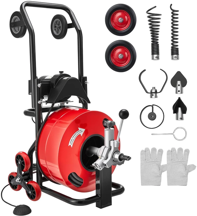 Main image of VEVOR Drain Cleaner Machine 100 FT x 3/4 Inch, Auto Feed Sewer Snake Auger, Portable Drain Cleaning Machine with Multi-Wheel Combination, 6 Cutters & Air-Activated Foot Switch for 4" to 8" Pipes