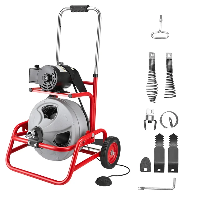 Alt view image 2 of 2 - Vevor Drain Cleaner Machine 75 FT x 1/2 Inch, Sewer Snake Auger on Wheels, Manual Feed Drain Cleaning Machine with Adjustable Drum Angle, 6 Cutters & Air-activated Foot Switch for 2" to 6" Pipes