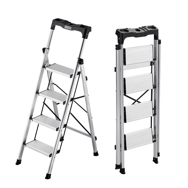 Alt view image 8 of 8 - VEVOR 4 Step Ladder, Folding Step Stool with Wide Anti-Slip Pedal and Comfort Handgrip, 330 lbs Capacity Portable Aluminum Stepladder, Multi-Use for Kitchen, Home, Warehouse and Office, Silver