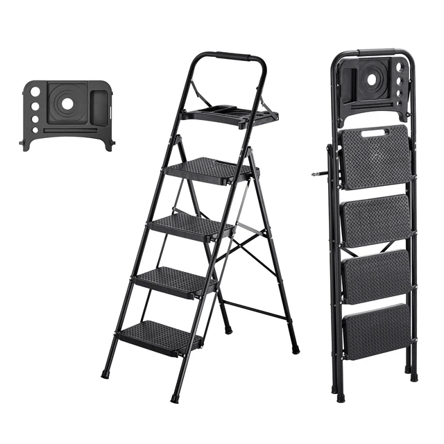 Alt view image 8 of 8 - VEVOR 4 Step Ladder, Folding Step Stool with Wide Anti-Slip Pedal, Tool Tray, Comfort Handgrip, 600 lbs Capacity Portable Steel Ladder, Multi-Use for Kitchen, Home, Household and Office, Black