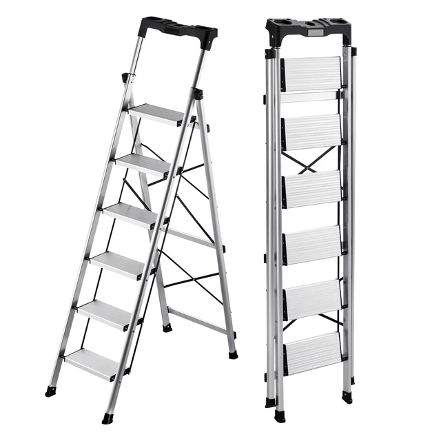 Alt view image 8 of 8 - VEVOR 6 Step Ladder, Folding Step Stool with Wide Anti-Slip Pedal and Comfort Handgrip, 330 lbs Capacity Portable Aluminum Stepladder, Multi-Use for Kitchen, Warehouse, Household and Office, Silver