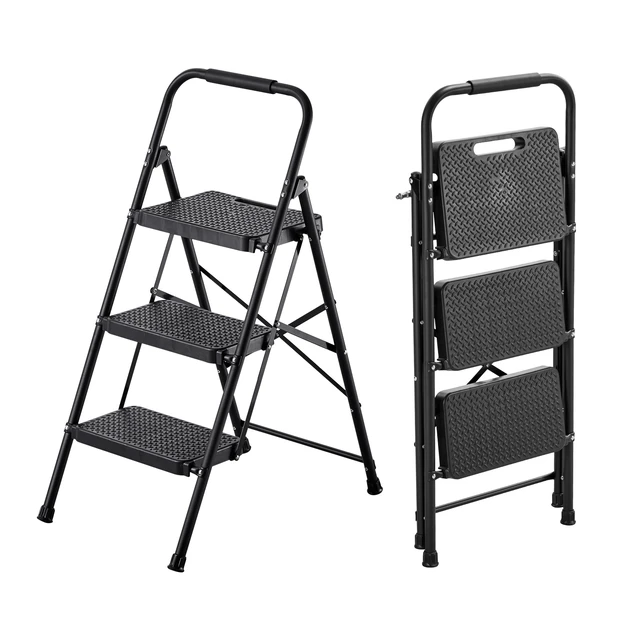 Alt view image 8 of 8 - VEVOR 3 Step Ladder, Folding Step Stool with Wide Anti-Slip Pedal and Comfort Handgrip, Lightweight 600 lbs Capacity Portable Steel Ladder, Multi-Use for Kitchen, Home, Household and Office, Black