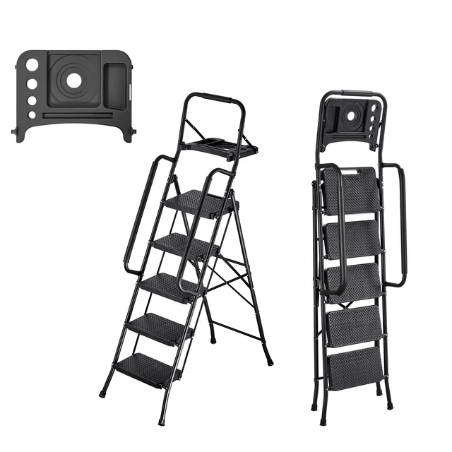 Alt view image 8 of 8 - VEVOR 5 Step Ladder, Folding Step Stool with Wide Anti-Slip Pedal, Tool Tray, Dual Side Handrails, 600 lbs Capacity Portable Steel Ladder, Multi-Use for Kitchen, Home, Household and Office, Black