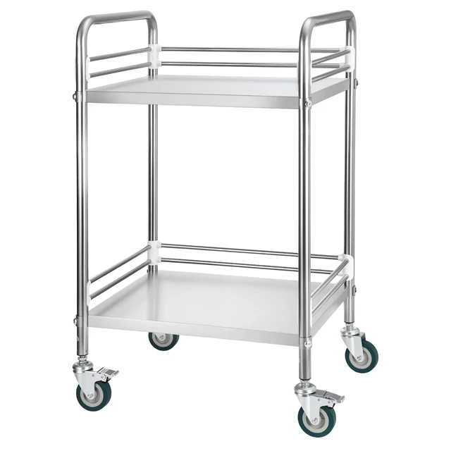 Alt view image 2 of 2 - Stainless Steel Cart, 2-Tier Rolling Lab Utility Cart with Lockable Wheels, Medical Serving Trolley Clinic Tray, Heavy Duty Mobile Service Storage Tray for Hospital, Restaurant, Kitchen, Salon