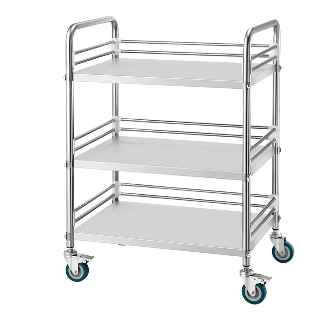 Alt view image 9 of 9 - Stainless Steel Cart, 3-Tier Rolling Lab Utility Cart with Lockable Wheels, Medical Serving Trolley Clinic Tray, Heavy Duty Mobile Service Storage Tray for Hospital, Restaurant, Kitchen, Salon