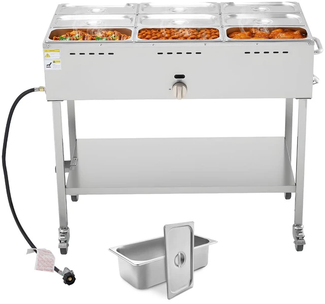 Alt view image 9 of 9 - VEVOR 9-Pan Commercial Propane Steam Table, LP Gas Outdoor Soup Warmer with Drain Valve and 3" Wheels, Stainless Steel Propane Food Warmer with Adjustable Temperature, for Restaurant Outdoor Camping