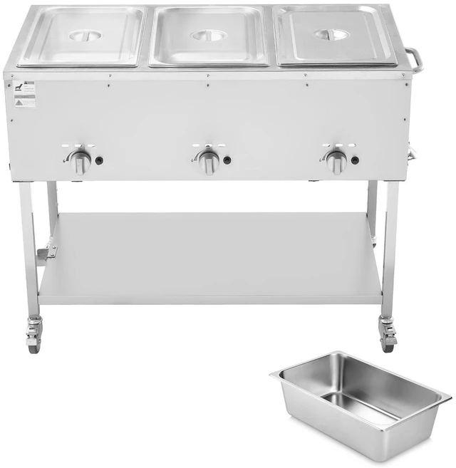 Alt view image 8 of 8 - VEVOR 3-Pan Commercial Propane Steam Table, LP Gas Outdoor Soup Warmer with Drain Valve and 3" Wheels, Stainless Steel Propane Food Warmer with Independent Temp Control, for Restaurant Outdoor Camping