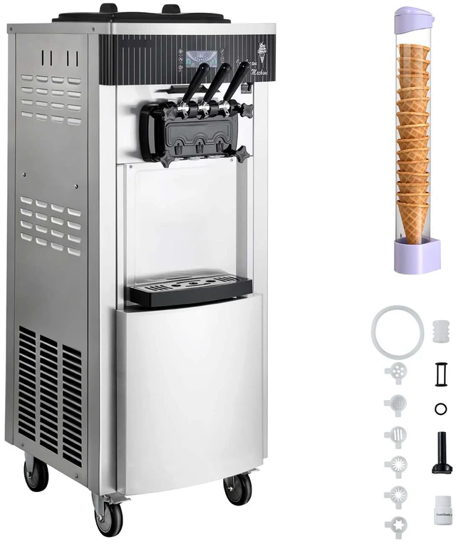 Main image of VEVOR Commercial Ice Cream Machine, 20-28L/H Yield, 2200W 3-Flavor Freestanding Soft Serve Ice Cream Maker with 2 x 6L Hoppers & Hopper Agitation, Pre-Cooling Self-Cleaning for Snack Dessert Shops
