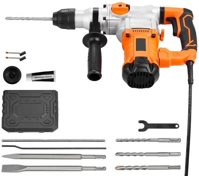 Alt view image 8 of 8 - VEVOR Rotary Hammer Drill, 1-1/8 in SDS-Plus Electric Corded Heavy Duty Rotary Hammer, Including 3 Drill Bits, Flat Chisel, Pointed Chisel, Grease, Brush, and Carrying Case, for Concrete and Masonry