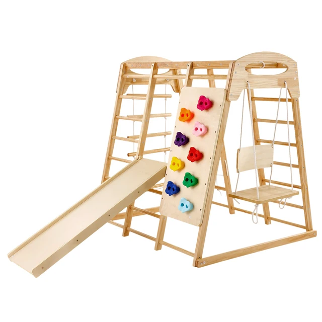 Alt view image 8 of 8 - VEVOR Indoor Jungle Gym, 7-in-1 Toddler Indoor Playground, 47.2 x 58 x 56 inch, with Wood and Rope Ladder, Net Ladder, Swing, Monkey Bar, Slide, Climbing Wall, Wooden Indoor Climbing Toys for Kids