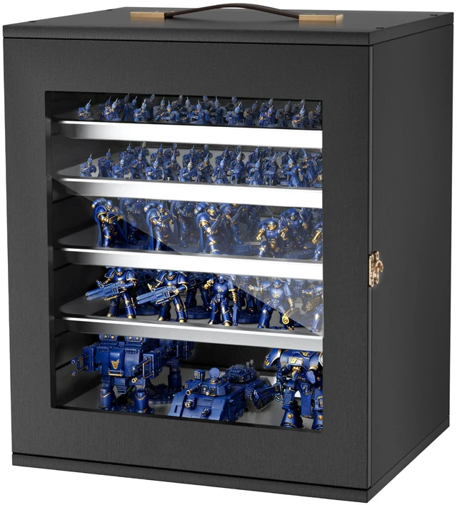 Alt view image 9 of 9 - Miniatures Storage Case, Fits for 1:1750-1:2000 Scale Models, Wooden Miniatures Display Holder with 5 Tray & 13 Slots, Clear View Miniature Transport Case for Collectibles (Minis Not Included)