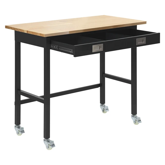 Alt view image 8 of 8 - VEVOR 48-inch Workbench, 1500 lbs Load Capacity, Garage Workbench with Drawer Storage & Wheels, Workshop Bench on Wheels, Heavy Duty Oak Wood Top Work Table for Garage, Workshop, Office, and Home