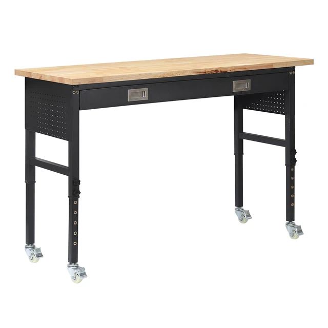 Alt view image 8 of 8 - VEVOR 60-inch Adjustable Workbench, 1500 lbs Load Capacity, Garage Workbench with Drawer, Power Outlet, Wheels, and Pegboard, Heavy Duty Oak Wood Top Work Table for Garage, Workshop, Office, and Home