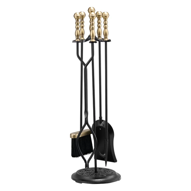 Alt view image 9 of 9 - VEVOR Fireplace Tool Set, 5 PCS Fire Tool Set and Holder with Five-Prong Stand, Tongs, Ash Shovel, Brush, Fire Place Poker, Wrought Iron Fireplace Accessories for Indoor/Outdoor, Black & Brass