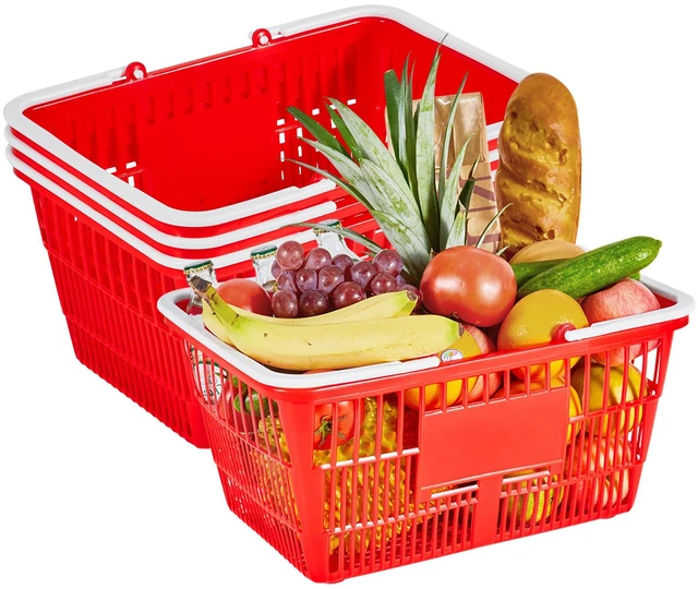 Alt view image 2 of 2 - VEVOR Shopping Baskets, 4 PCS, 21L Stackable PE Plastic Grocery Baskets with Handles, Dense Mesh Structure, Holds up to 20 lbs, Portable for Grocery, Retail, Stores, Supermarket, Home Use, Red