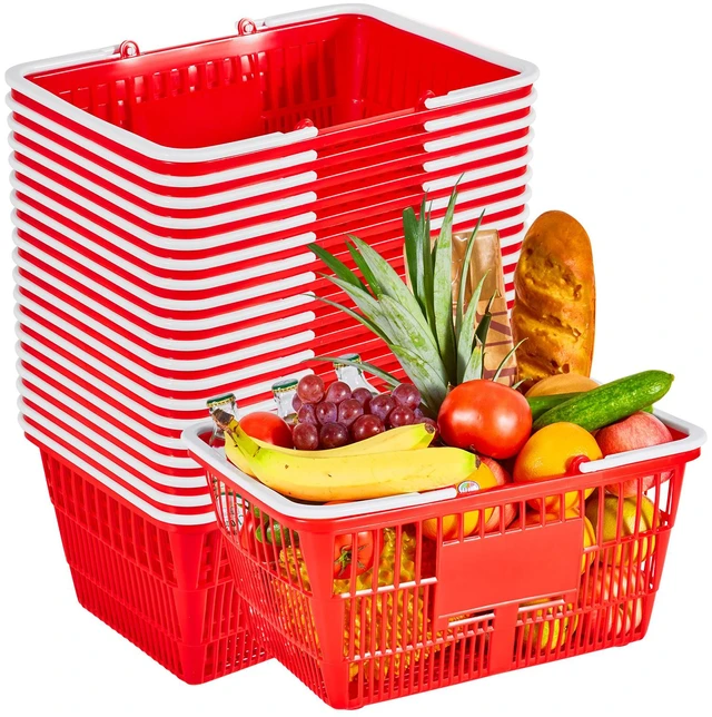 Alt view image 2 of 2 - VEVOR Shopping Baskets, 20 PCS, 21L Stackable PE Plastic Grocery Baskets with Handles, Dense Mesh Structure, Holds up to 20 lbs, Portable for Grocery, Retail, Stores, Supermarket, Home Use, Red