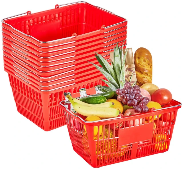 Alt view image 2 of 2 - VEVOR Shopping Baskets, 12 PCS, 21L Stackable PE Plastic Grocery Baskets with Metal Handles, Dense Mesh Structure, Holds up to 20 lbs, Portable for Grocery, Retail, Stores, Supermarket, Home Use, Red