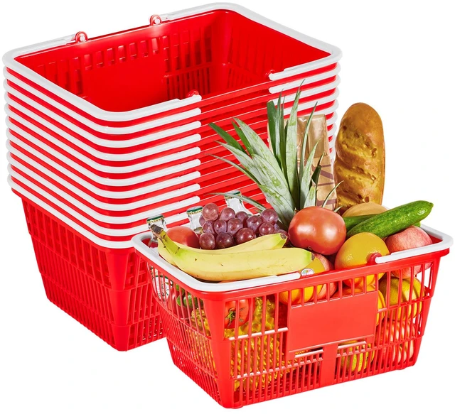 Alt view image 9 of 9 - VEVOR Shopping Baskets, 12 PCS, 21L Stackable PE Plastic Grocery Baskets with Handles, Dense Mesh Structure, Holds up to 20 lbs, Portable for Grocery, Retail, Stores, Supermarket, Home Use, Red