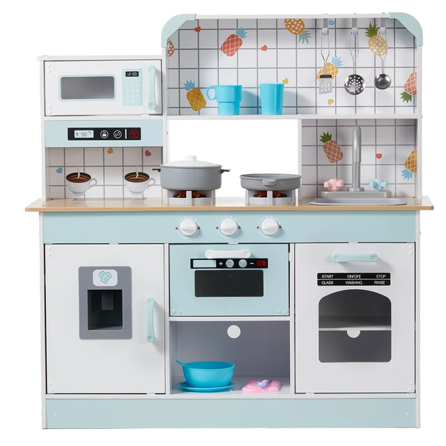 Alt view image 16 of 16 - Play Kitchen for Kids, Wooden Toy Kitchen Set with Lights and Sounds, Toddler Kitchen with Ice Maker, Oven, Sink, Microwaves, Fridge and Utensil and Fruit Accessory for Toddlers, White