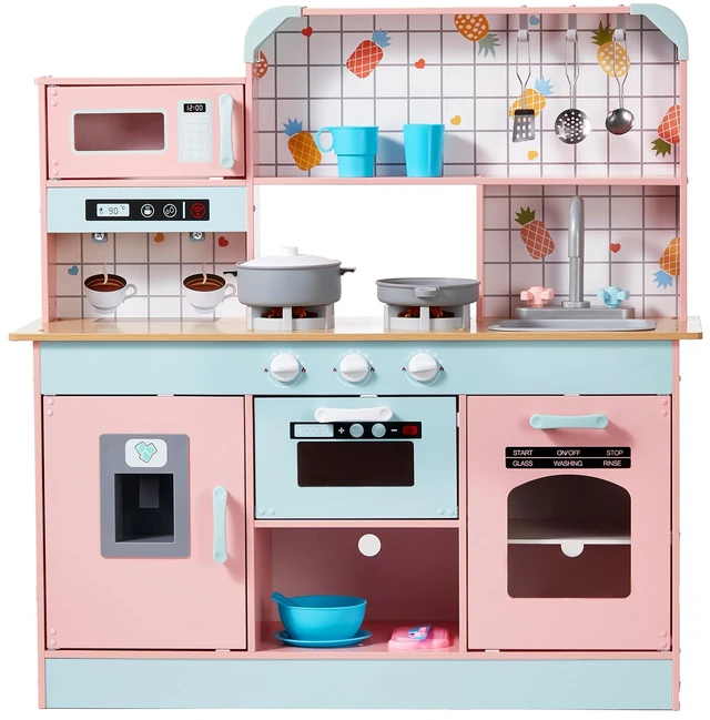 Alt view image 9 of 9 - Play Kitchen for Kids, Wooden Toy Kitchen Set with Lights and Sounds, Toddler Kitchen with Ice Maker, Oven, Sink, Microwaves, Fridge and Utensil and Fruit Accessory for Toddlers, Pink