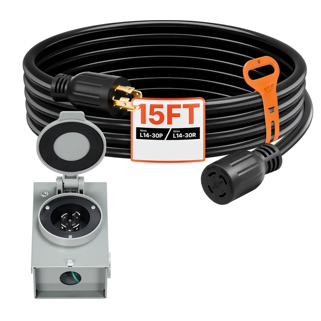 Alt view image 8 of 8 - 30 Amp Generator Cord and Power Inlet Box, 15 FT, 125/250V NEMA L14-30P to L14-30R Heavy Duty Extension Power Cord, SJTW 10 Gauge 7500W, Pre-Drilled Inlet Box, for Generator to House, ETL Listed