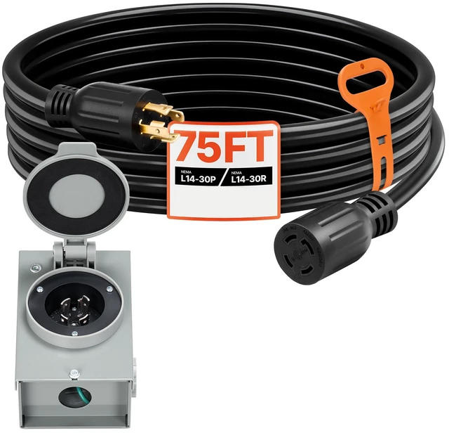 Alt view image 8 of 8 - VEVOR 30 Amp Generator Cord and Power Inlet Box, 75 FT, 125/250V NEMA L14-30P to L14-30R Heavy Duty Extension Power Cord, SJTW 10 Gauge 7500W, Pre-Drilled Inlet Box, for Generator to House, ETL Listed