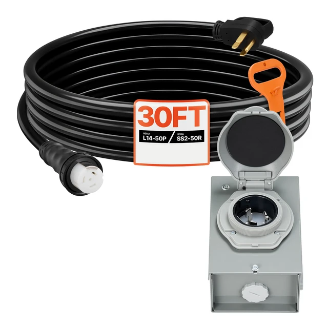 Alt view image 8 of 8 - VEVOR 50 Amp Generator Cord and Power Inlet Box, 30FT, 125V/250V STW 6/3 + 8/1 AWG Extension Power Cord, NEMA 14-50P to SS2-50R, Twist Lock Connector, Inlet Box Kit, for Generator to House, ETL Listed