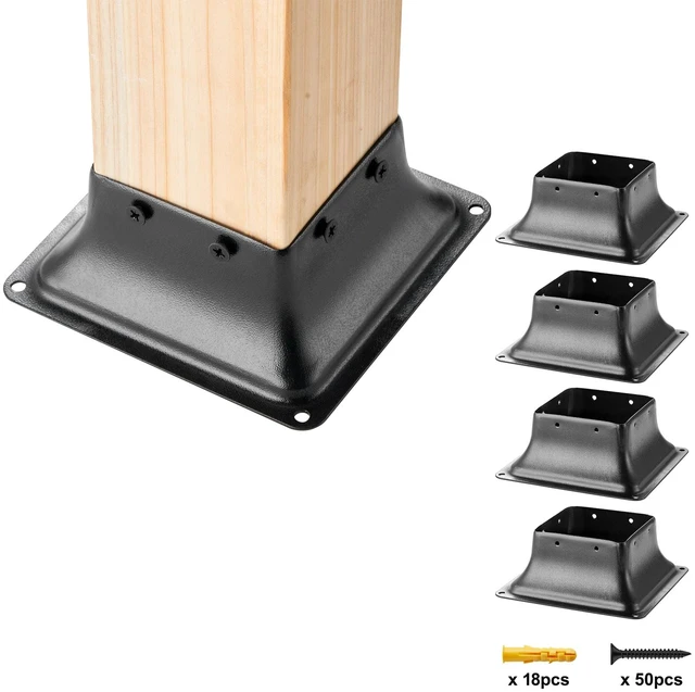 Alt view image 8 of 8 - VEVOR 4x4 Post Base 4Pcs, Internal 3.6"x3.6" Heavy Duty Powder-Coated Steel Post Bracket Fit for Standard Wood Post Anchor, Decking Post Base for Deck Porch Handrail Railing Support
